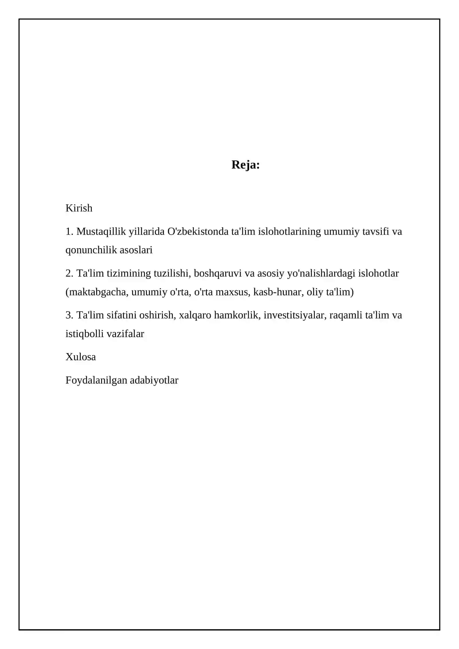 Mustaqillik yillarida O'zbekistonda ta'lim islohotlarining umumiy tavsifi va qonunchilik asoslari 2