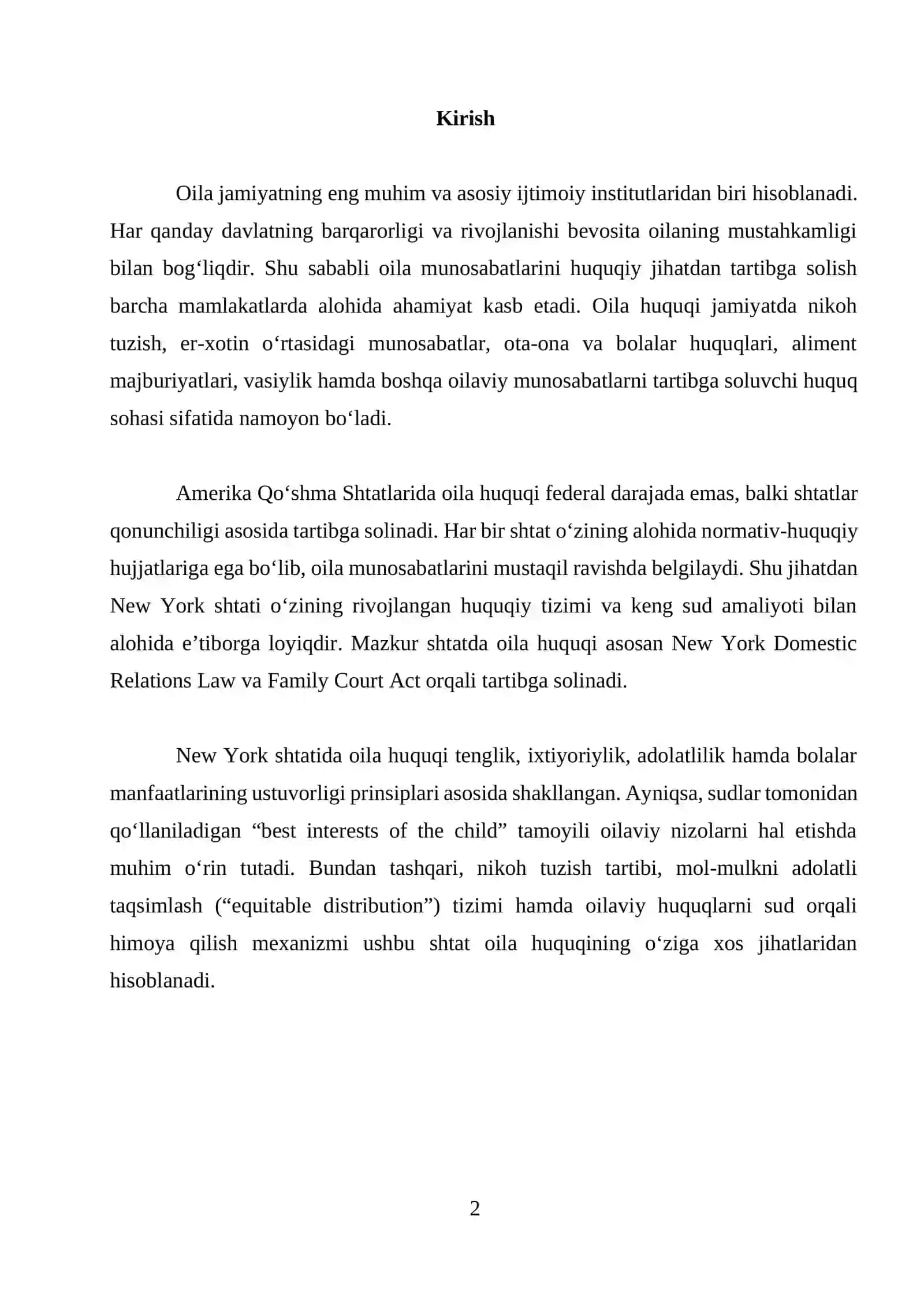 AQSHning New York shtatida oila huquqi mavzusida kurs ishi 2