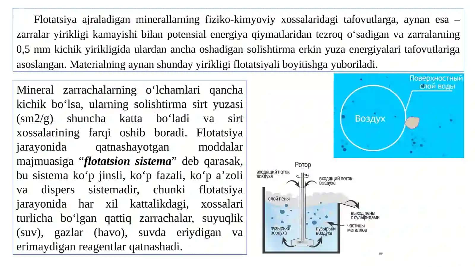 Flotatsiya usulida boyitishning fizik-kimyoviy asoslari. Flotatsiyaning usullari 2