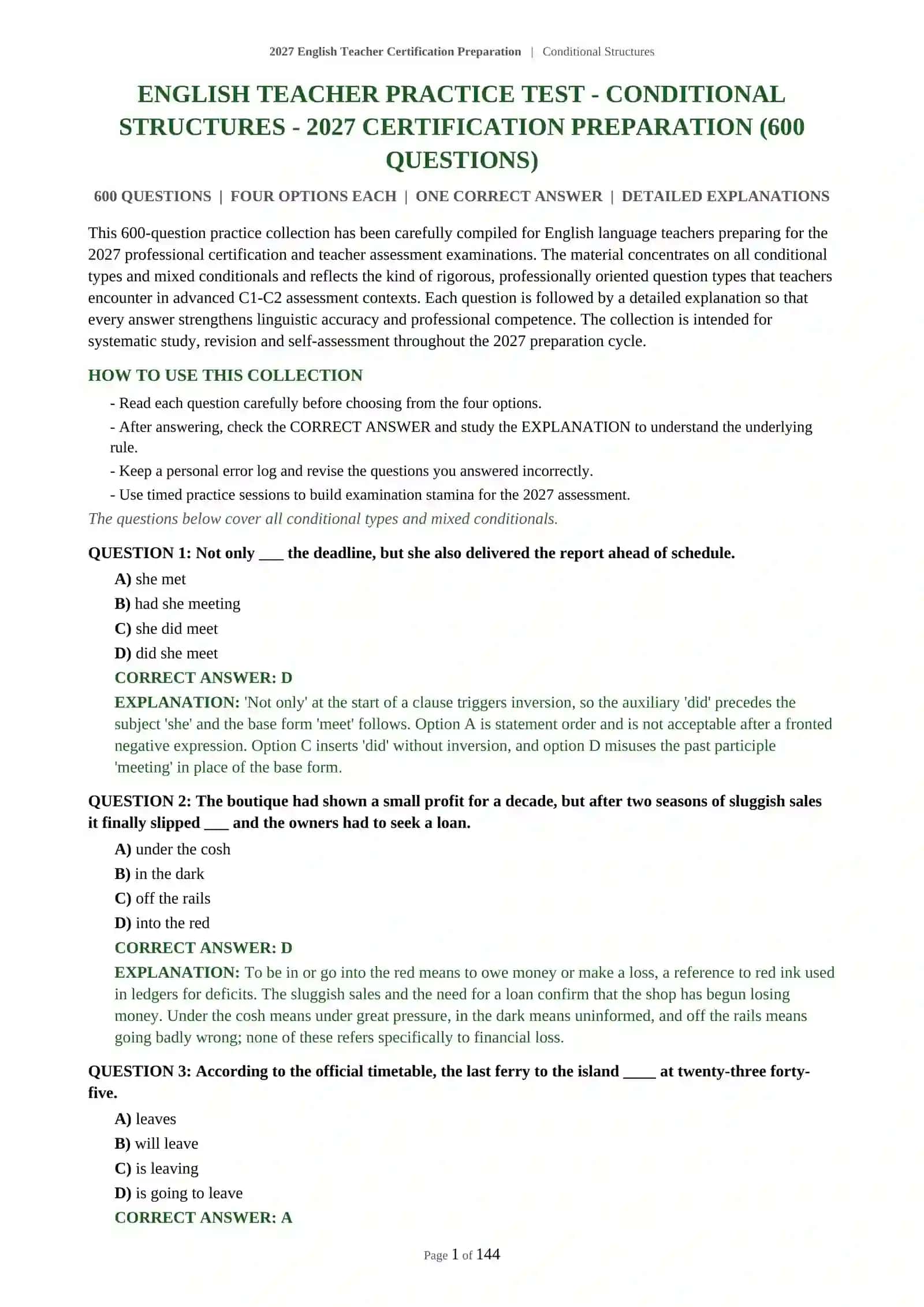 ENGLISH TEACHER PRACTICE TEST - CONDITIONAL STRUCTURES - 2027 CERTIFICATION PREPARATION 2