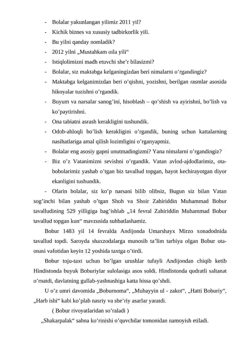 14 fevral Zahiriddin Muhammad Bobur tavallud topgan kun. Dars ishlanma 2