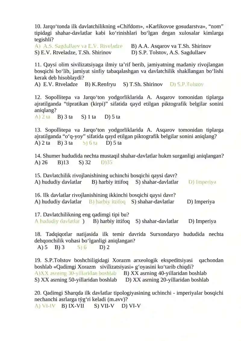 OKS SIVILIZATSIYASI FANIDAN S-T-4-KURSLAR TARIX TA ‘LIM YO ‘NALISHI TALABALARI UCHUN JORIY NAZORAT TESTI 2