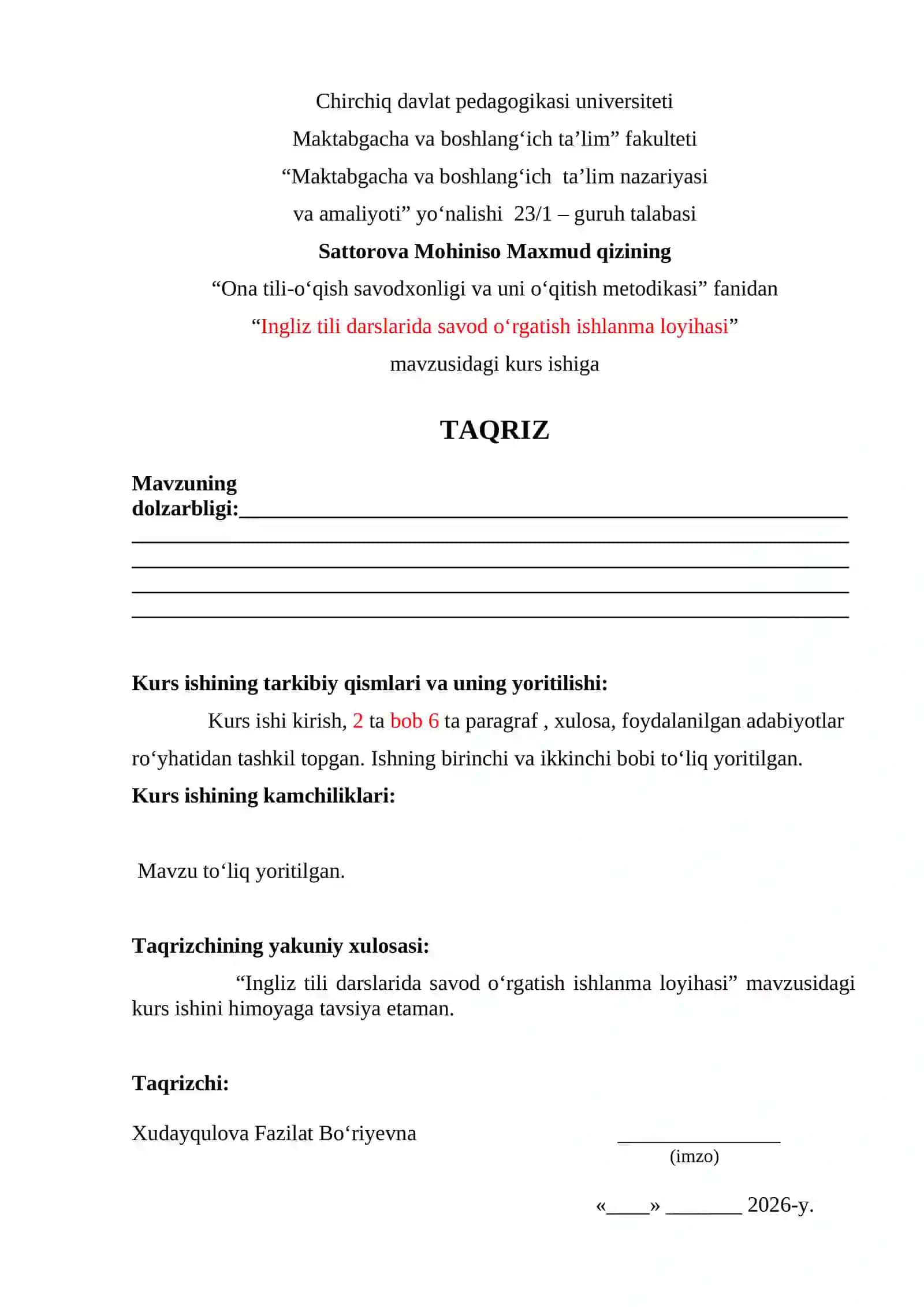 INGLIZ TILI DARSLARIDA SAVOD O‘RGATISH ISHLANMA LOYIHASI 2
