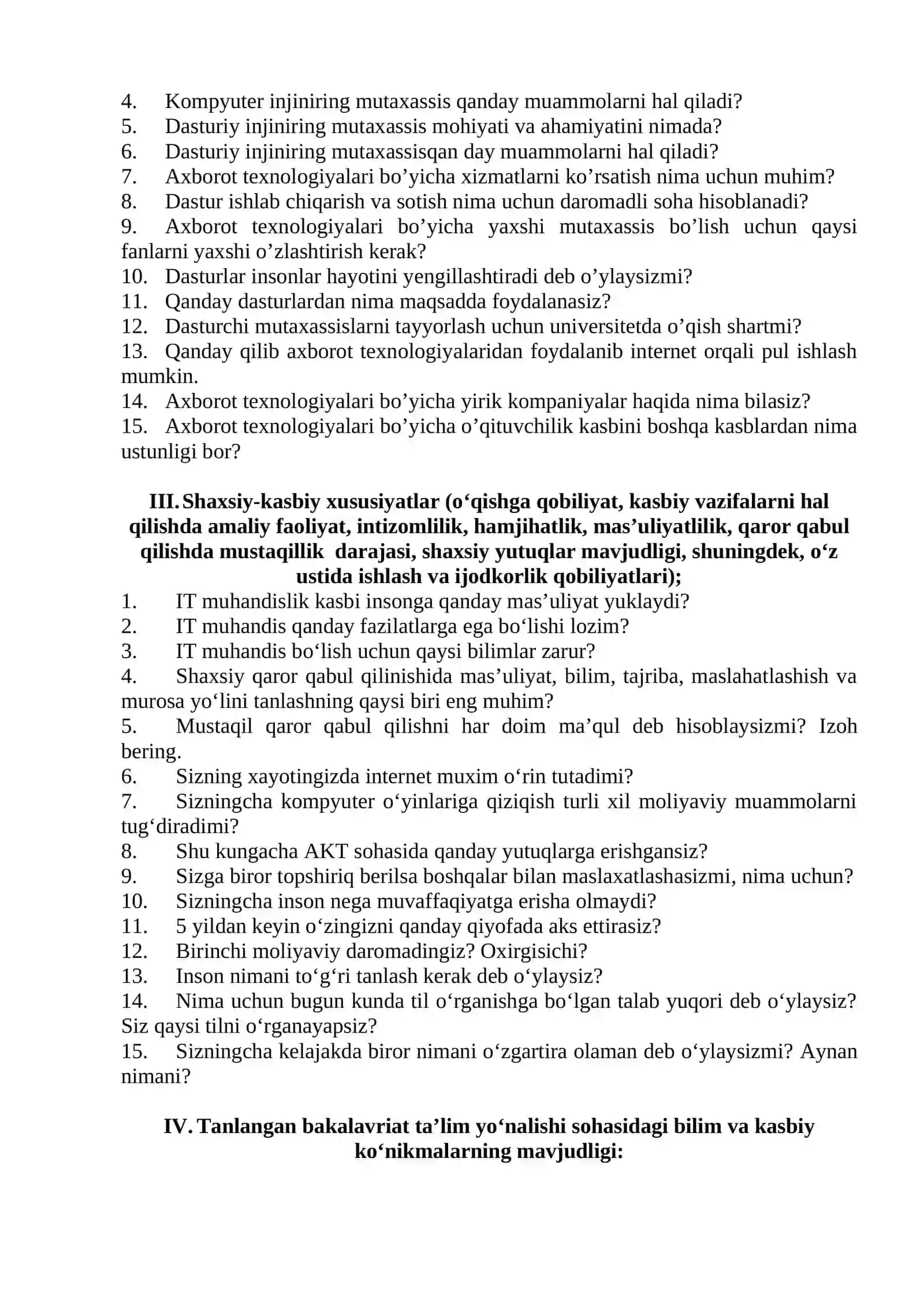 SUHBAT JARAYONIDA BERILADIGAN NAMUNAVIY SAVOLLAR TO‘PLAMI   DASTURIY INJINIRING TA’LIM YO‘NALISHI 2
