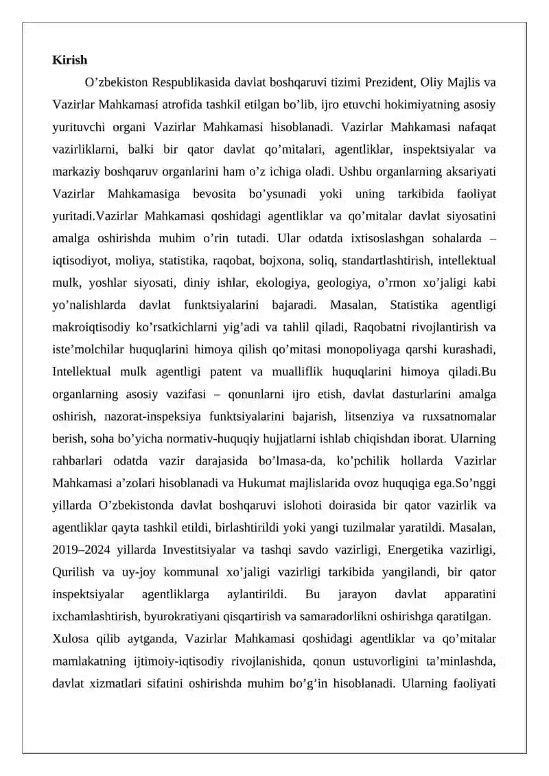 Vazirlar Mahkamasi agentliklar va qo’mitalar 2