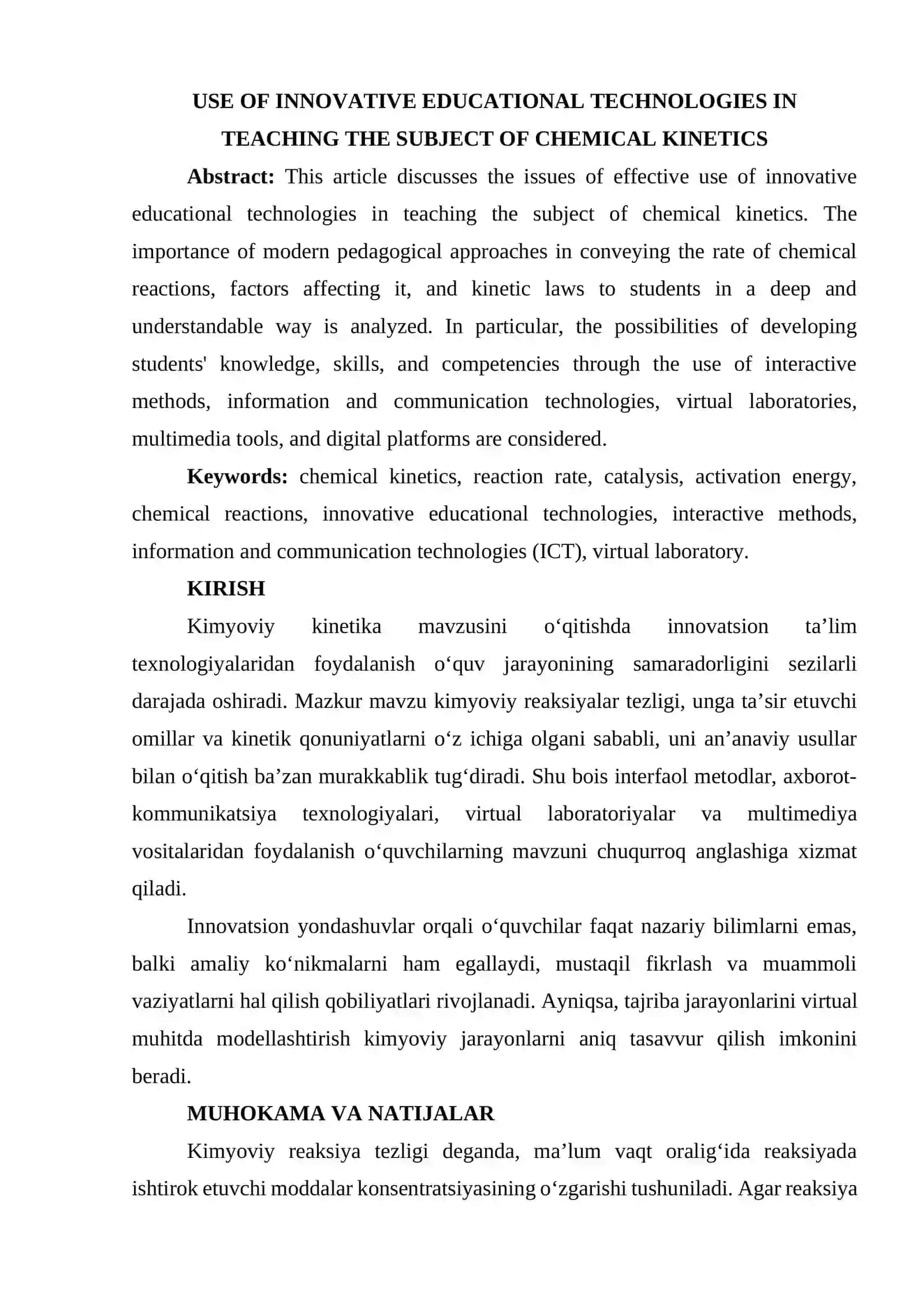 KIMYOVIY KINETIKA MAVZUSINI O‘QITISHDA INNOVATSION TA’LIM TEXNOLOGIYALARIDAN FOYDALANISH 2