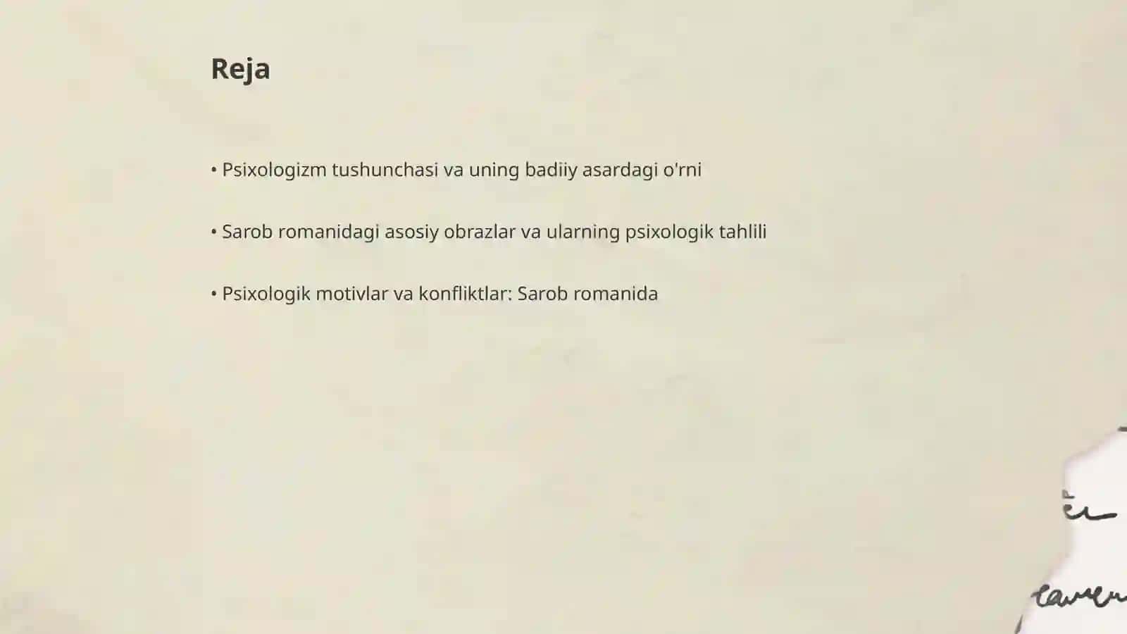 Badiiy asarda psixologizm muammosi. Sarob romani misolida 2
