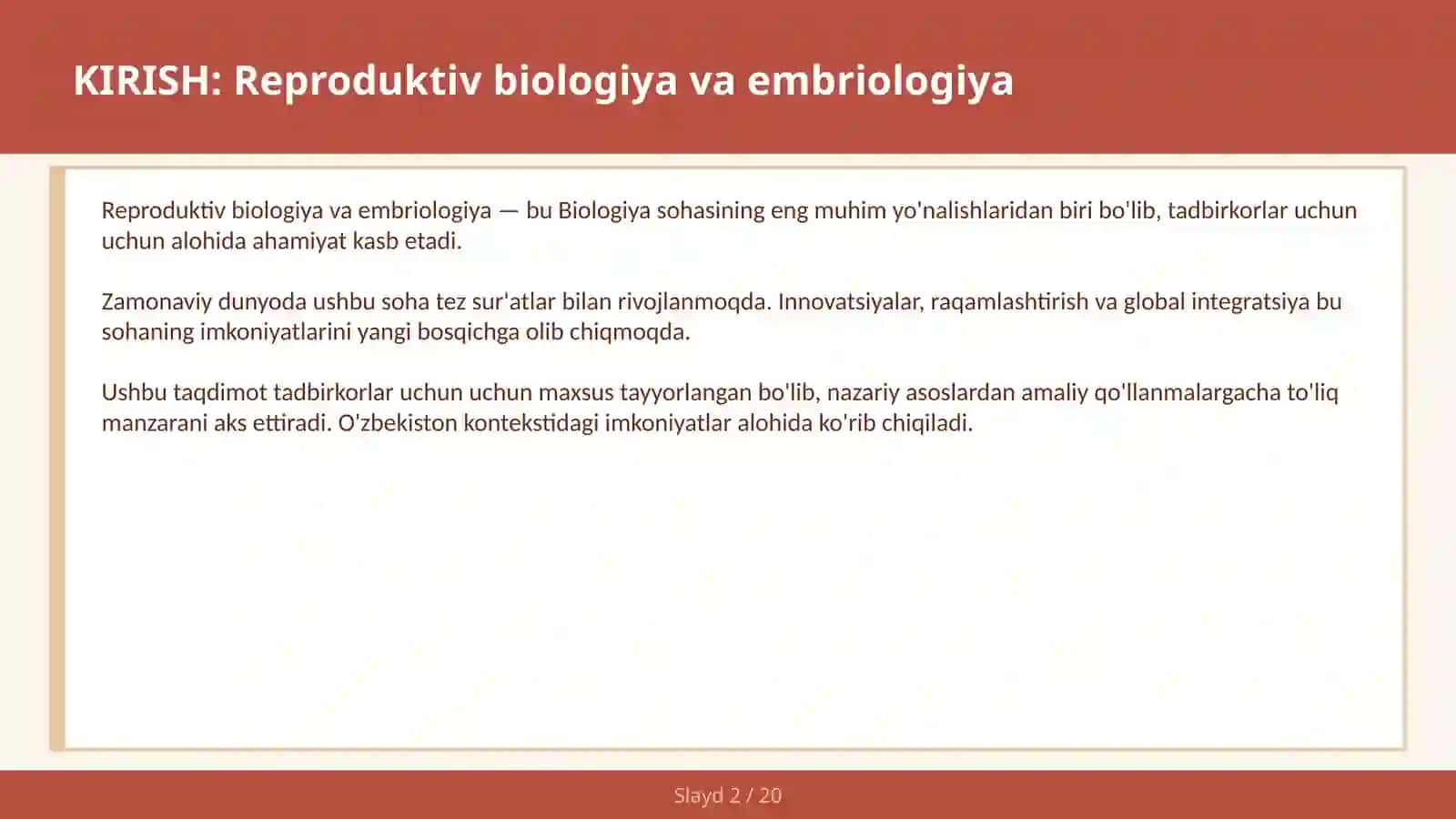 REPRODUKTIV BIOLOGIYA VA EMBRIOLOGIYA 2