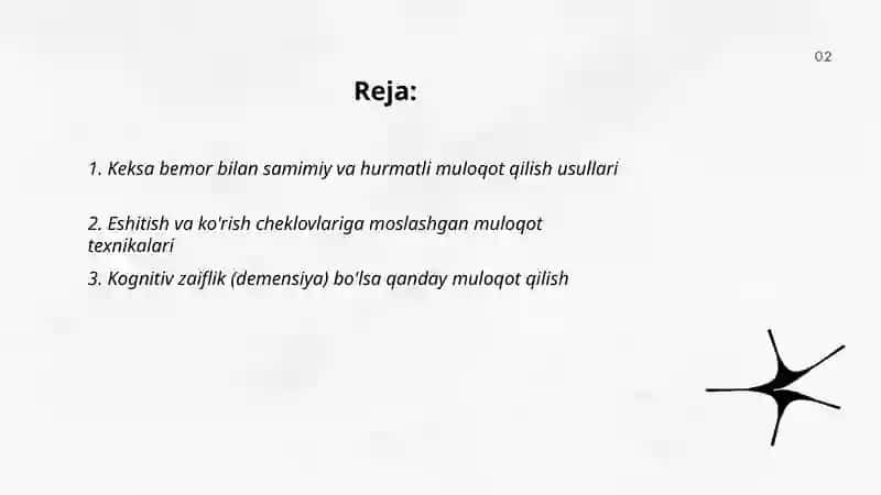 Keksa yoshdagi yurak qon tomir kasalliklari bilan oĝrigan bemor bilan muloqot 2
