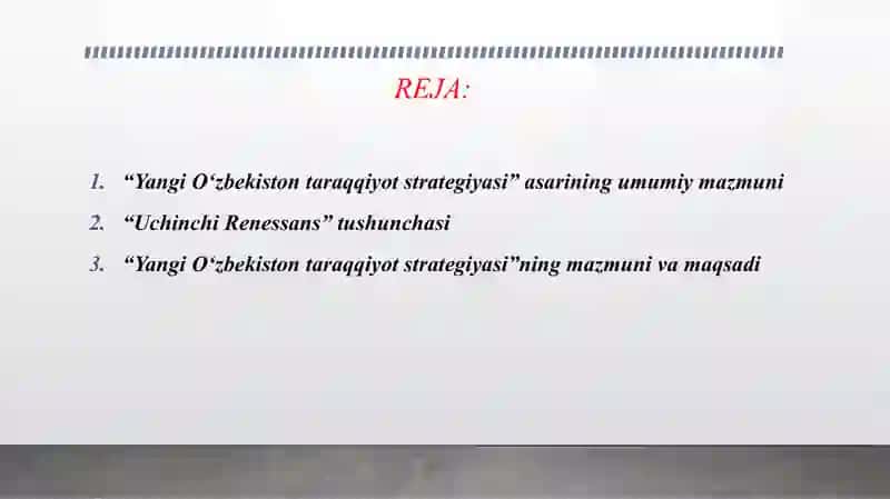 O’ZBEKISTON RESPUBLIKASI PREZIDENTI SH.M.MIRZIYOYEVNING " YANGI O’ZBEKISTON TARAQQIYOT STRATEGIYASI" KITOBIDA RIVOJLANISH MODELI VA UCHINCHI RENESSANS TUSHUNCHALARI. 2