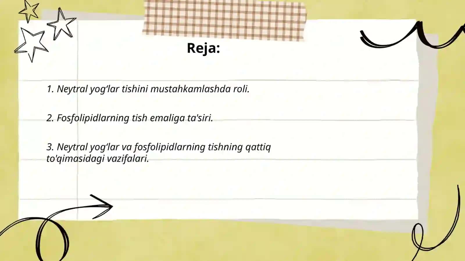 Neytral yogʻlar va fosfolipidlar-tish qattiq toʻqimasining tarkibiy qismi sifatida Pulatova Shoira 2
