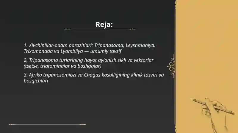Xivchinlilar-odam parazitlari:Tripanasoma, Leyshmaniya, Trixomonada va Lyambliya 2