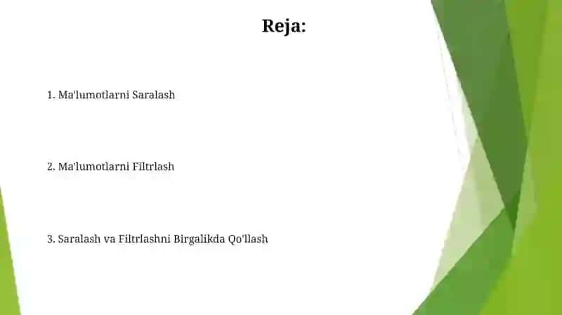 MS Excelda ma'lumotlarni tartiblash va saralash 2
