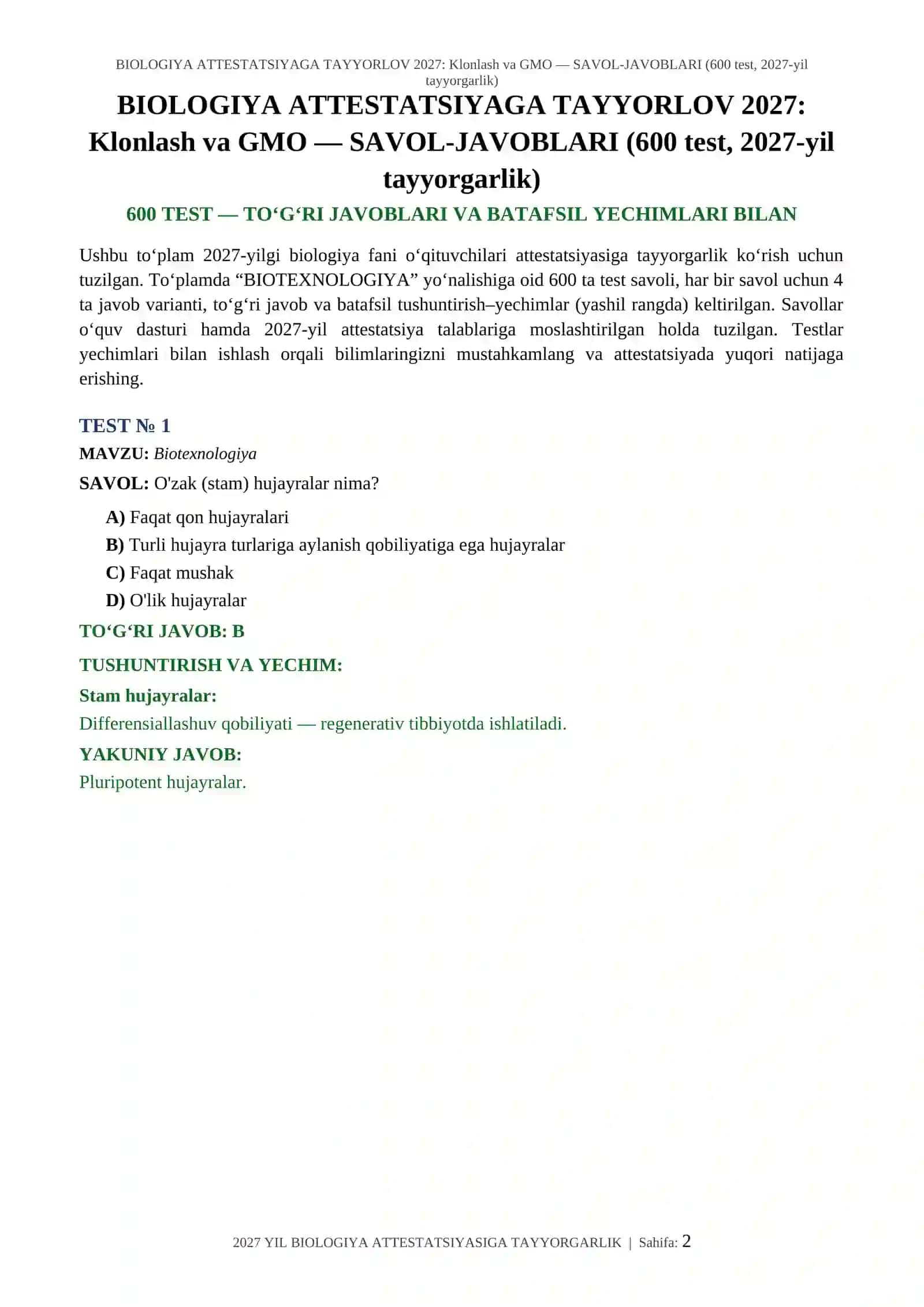 BIOLOGIYA ATTESTATSIYAGA TAYYORLOV 2027: Klonlash va GMO — SAVOL-JAVOBLARI (600 test, 2027-yil tayyorgarlik) 2