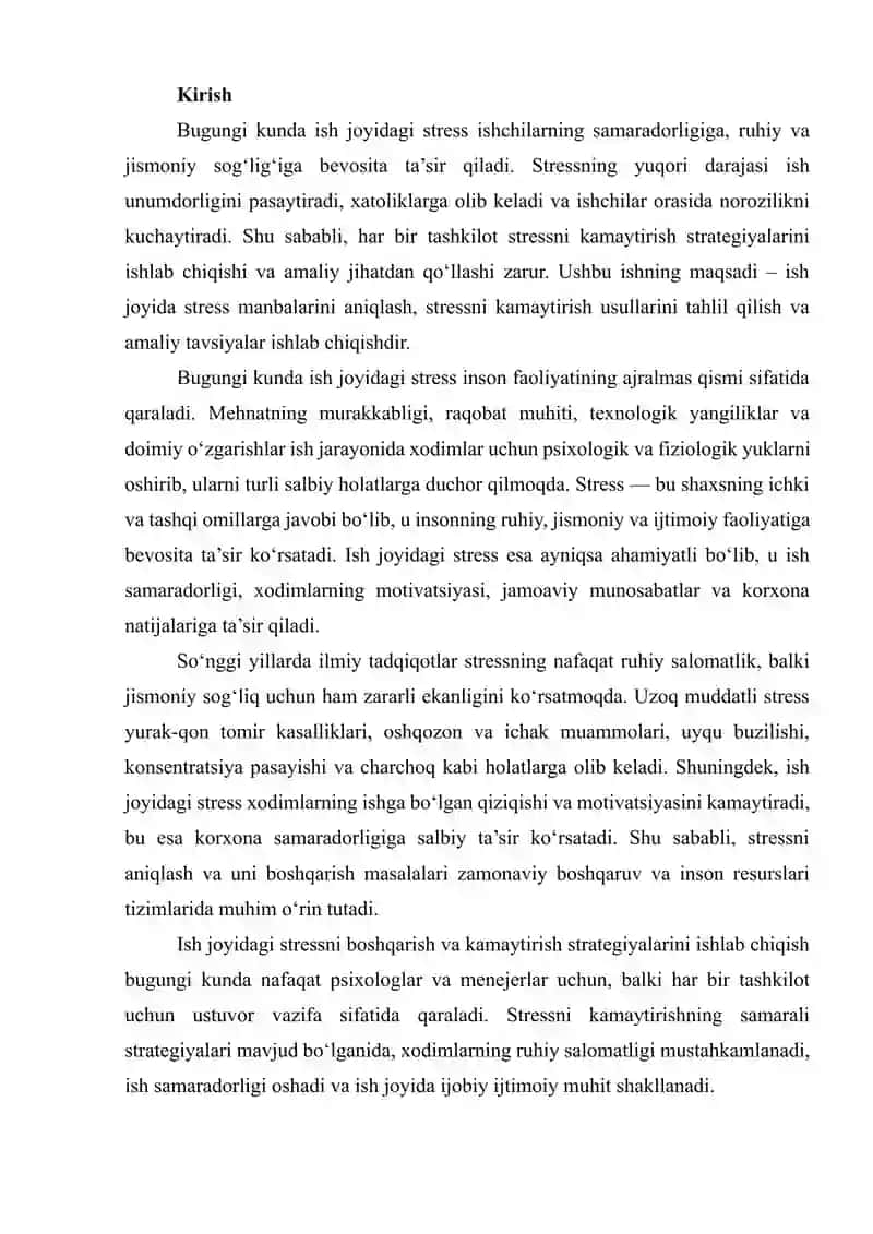 ISH JOYIDA STRESSNI KAMAYTIRISH STRATEGIYASINI ISHLAB CHIQISH VA AMALIY YECHIMINI ANIQLASH 2