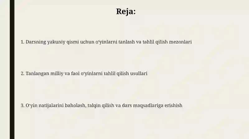 Milliy va harakatli o'yinlarni darsini yaxuniy qismi g'am oshol dan tashlash va tahlil qilish 2