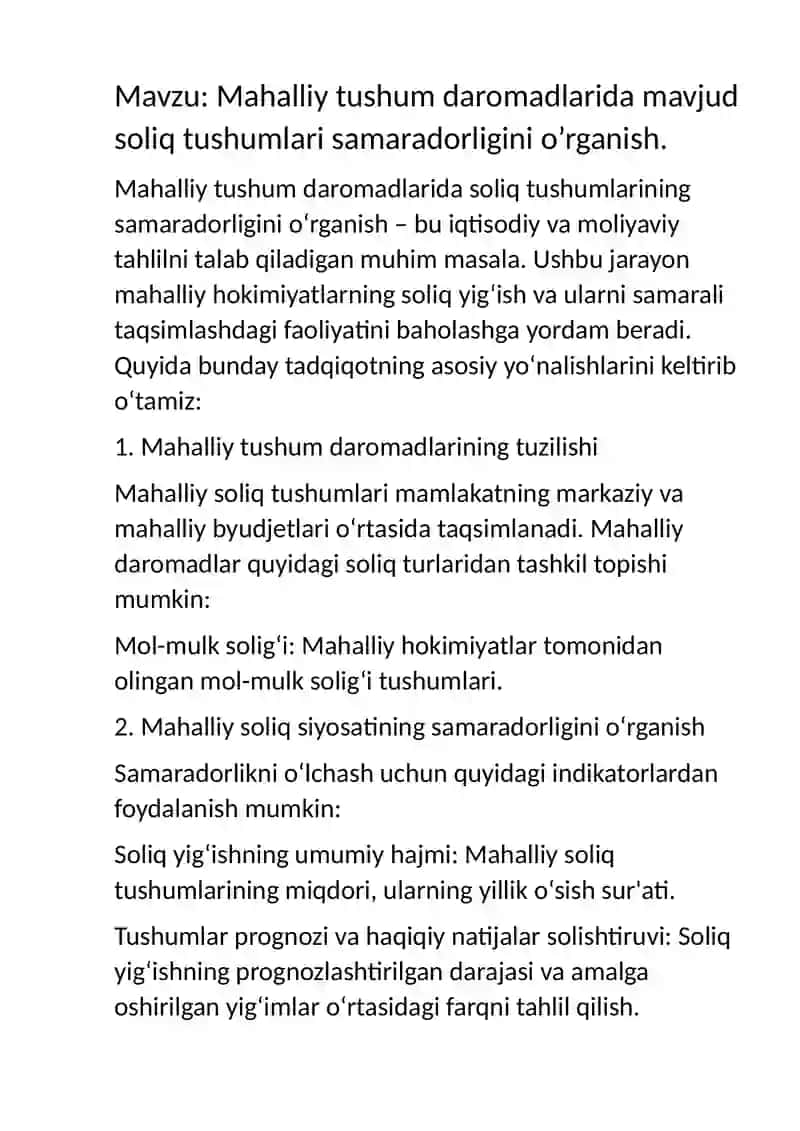 Mahalliy Tushum Daromadlarida Soliq Tushumlari Samaradorligini O'rganish 2