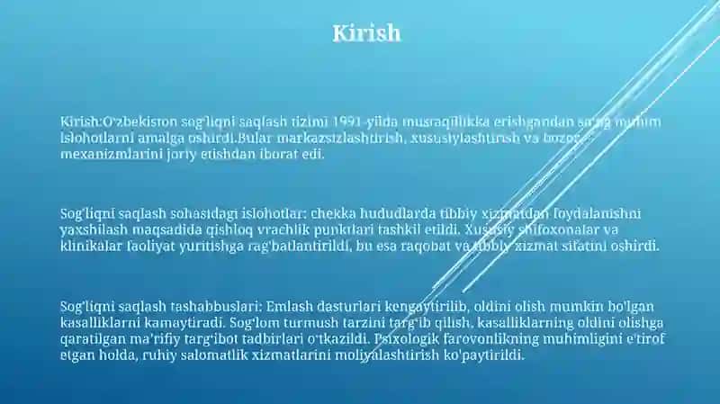 Mustaqillik Yillarida Sog'Liqni Saqlash Sohasida Amalga Oshirilgan Islohotlar 2
