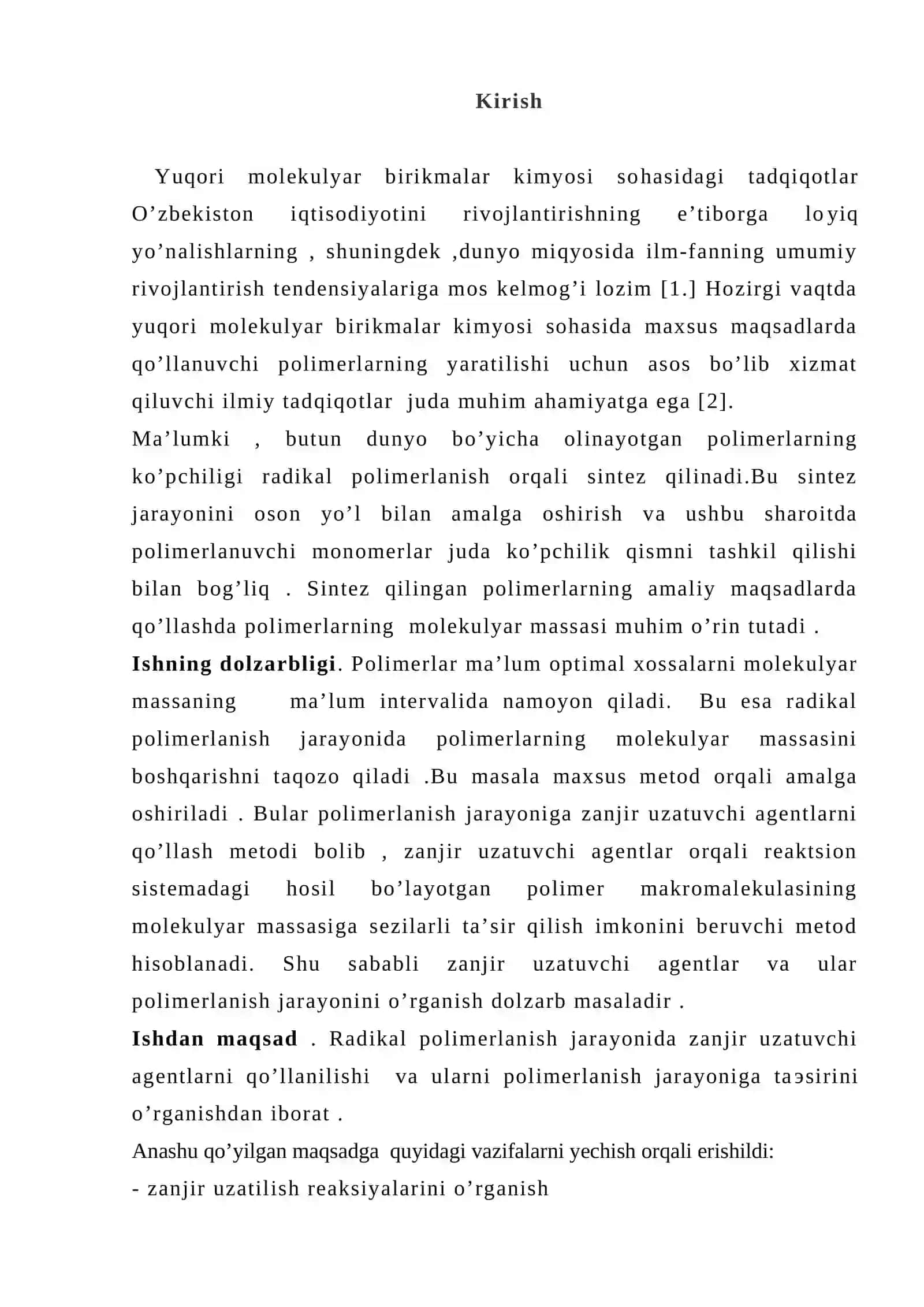 Zanjir uzatuvchi agentlar va ularni polimerlanishga ta’siri 2
