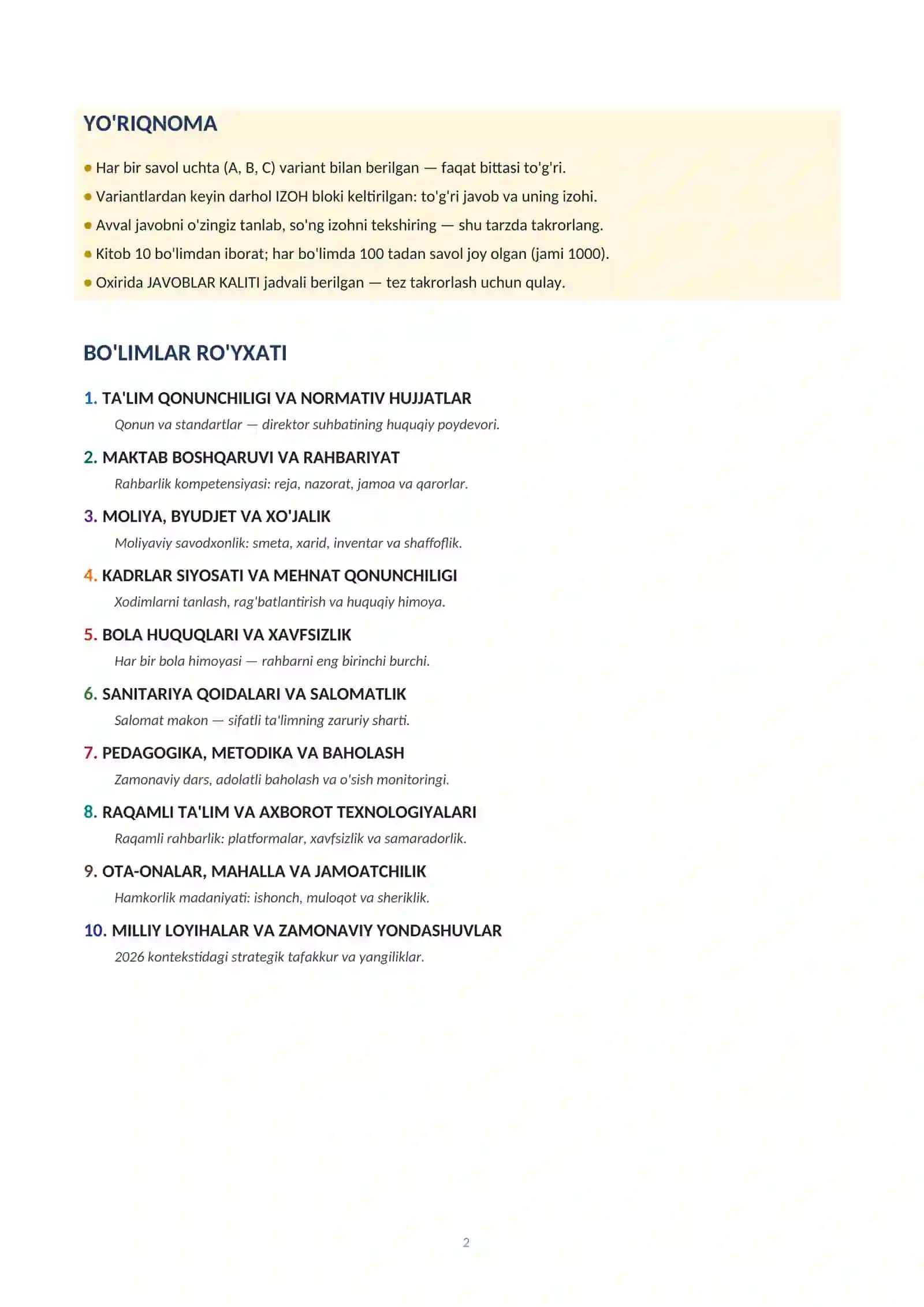2026 MAKTAB DIREKTORI SUHBAT SAVOLLARI VA JAVOBLARI. TESTLAR BILAN 2