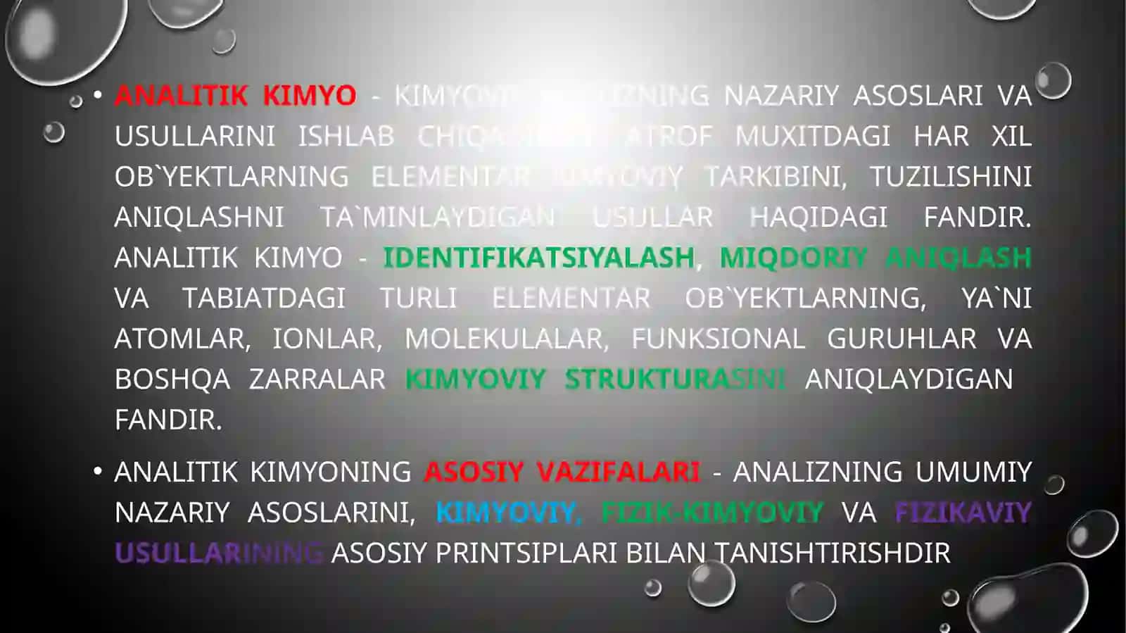 ANALITIK KIMYO FANI VA UNING USLUBLARI. KATIONLAR VA ANIONLARNING XOSSALARI 2