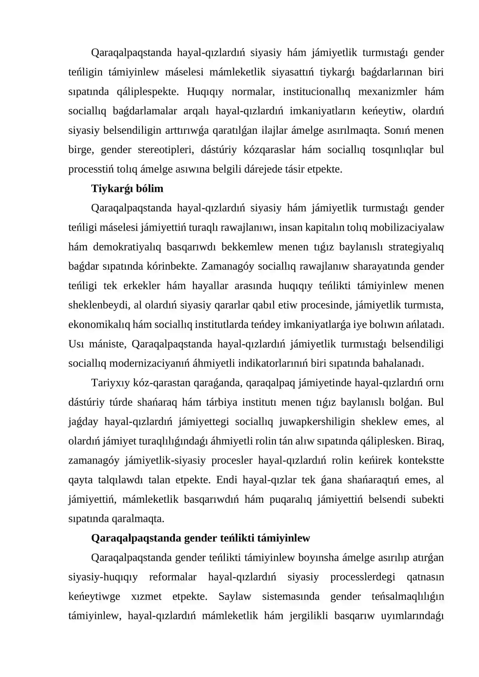Qaraqalpaqstanda hayal-qızlardıń siyasiy hám jámiyetlik turmıstaǵı gender teńligi 2