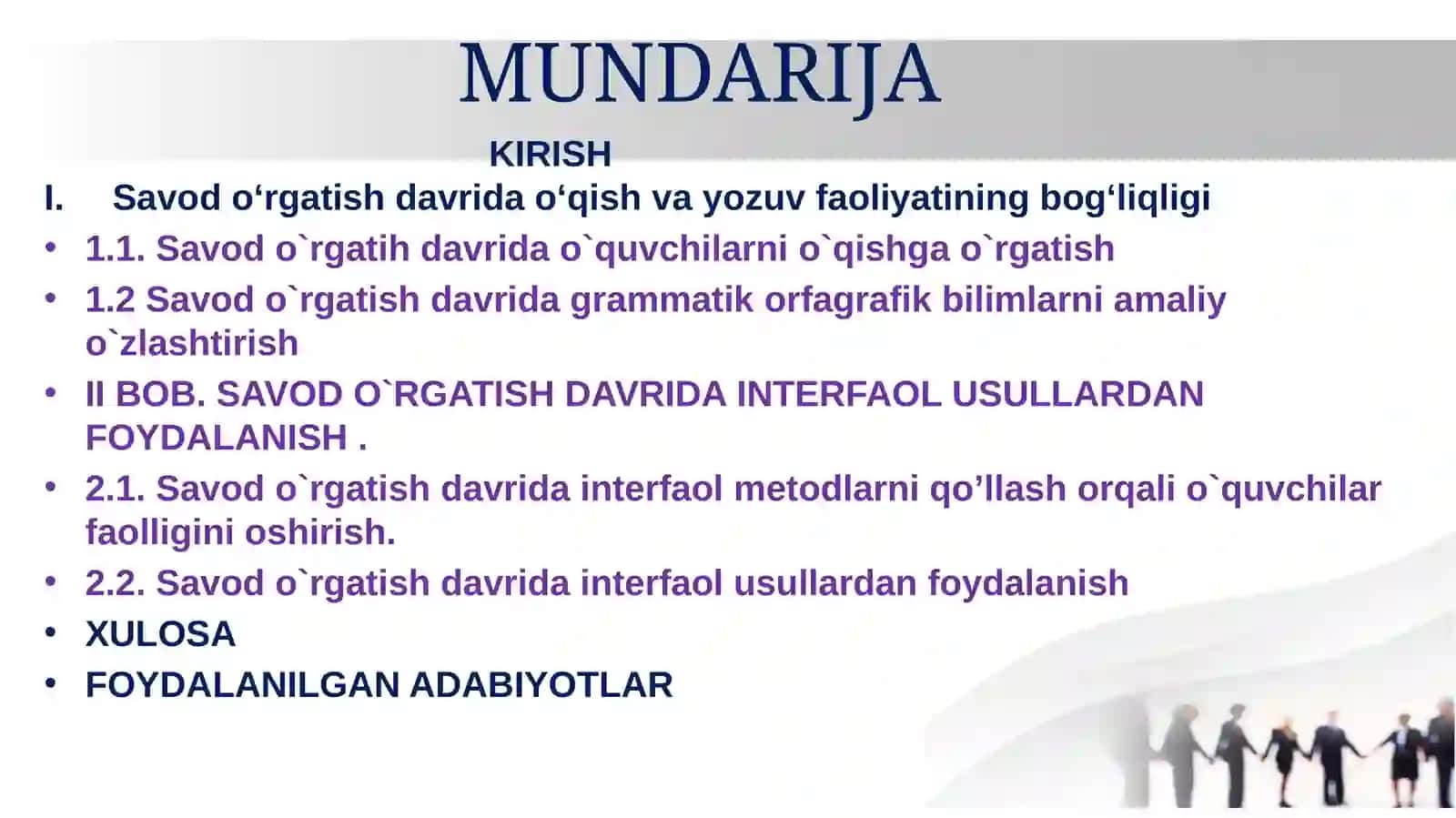 "Savod o‘rgatish tajribalarini tadbiq etish.” 2