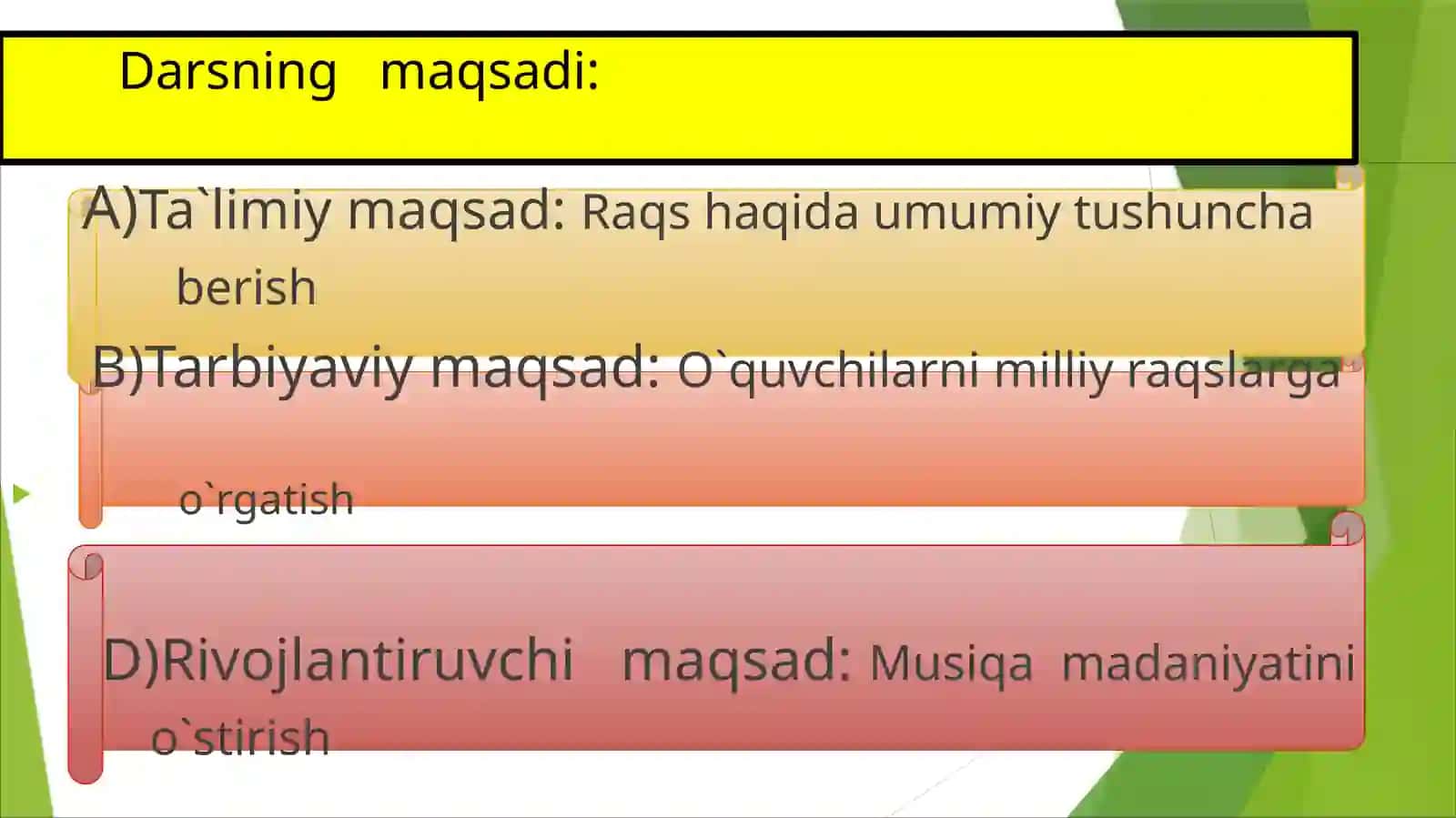 5-sinf Musiqa fanidan O'zbek raqs san'ati. O'zbek raqs maktablari mavzusida ochiq dars ishlanma 2