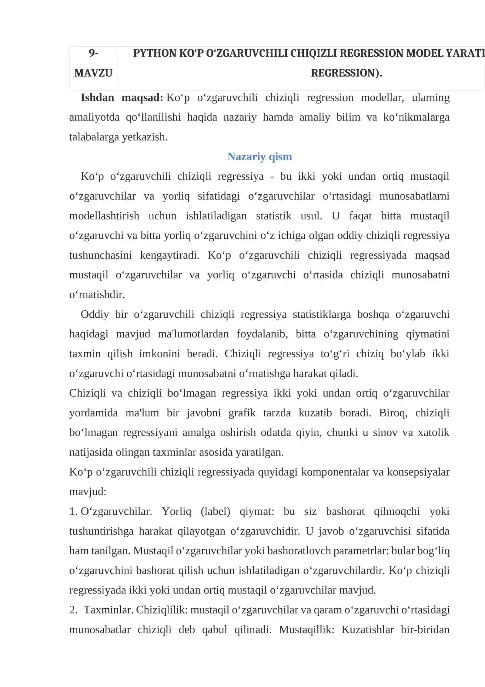 PYTHON KO‘P O‘ZGARUVCHILI CHIQIZLI REGRESSION MODEL YARATISH (MULTIPLE REGRESSION) 2