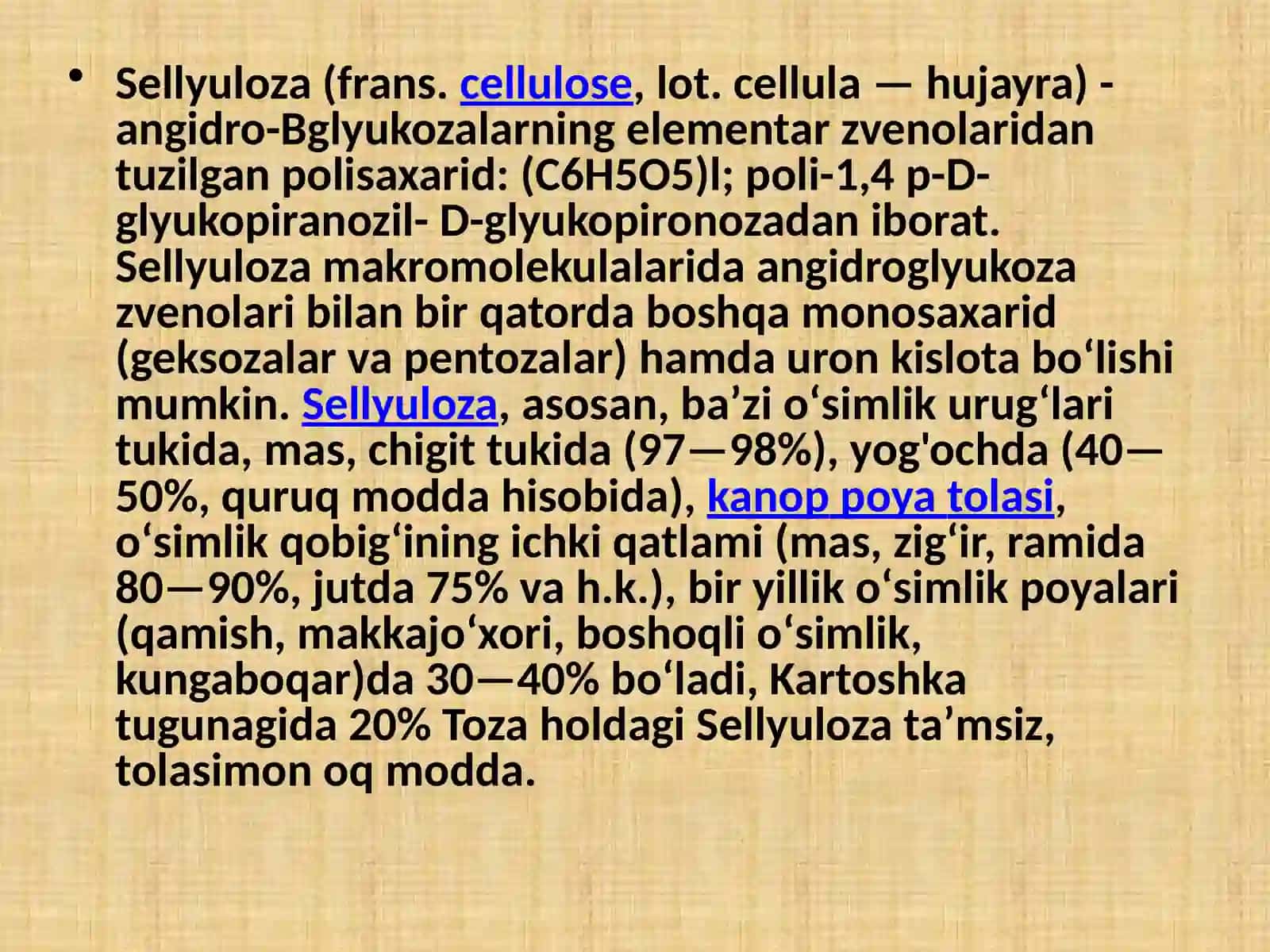 BIR VA KO'P YILLIK O'SIMLIKLARNING SELLYULOZALARI, TABIIY TOLALAR. YOG’OCH SELLYULOZASI, MIKROKRISTALLIK SELLYULOZA, BAKTERIAL SELLYULOZA. 2