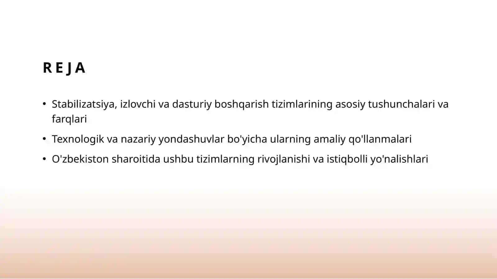Stabilizatsiya,izlovchi va dasturiy boshqarish tizimlarining taqqoslama tahlili 2