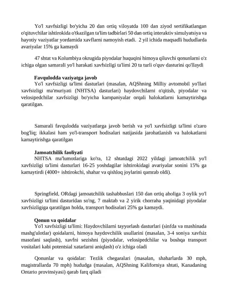 Yo'l harakati xavfsizligi bo'yicha ta'lim 2