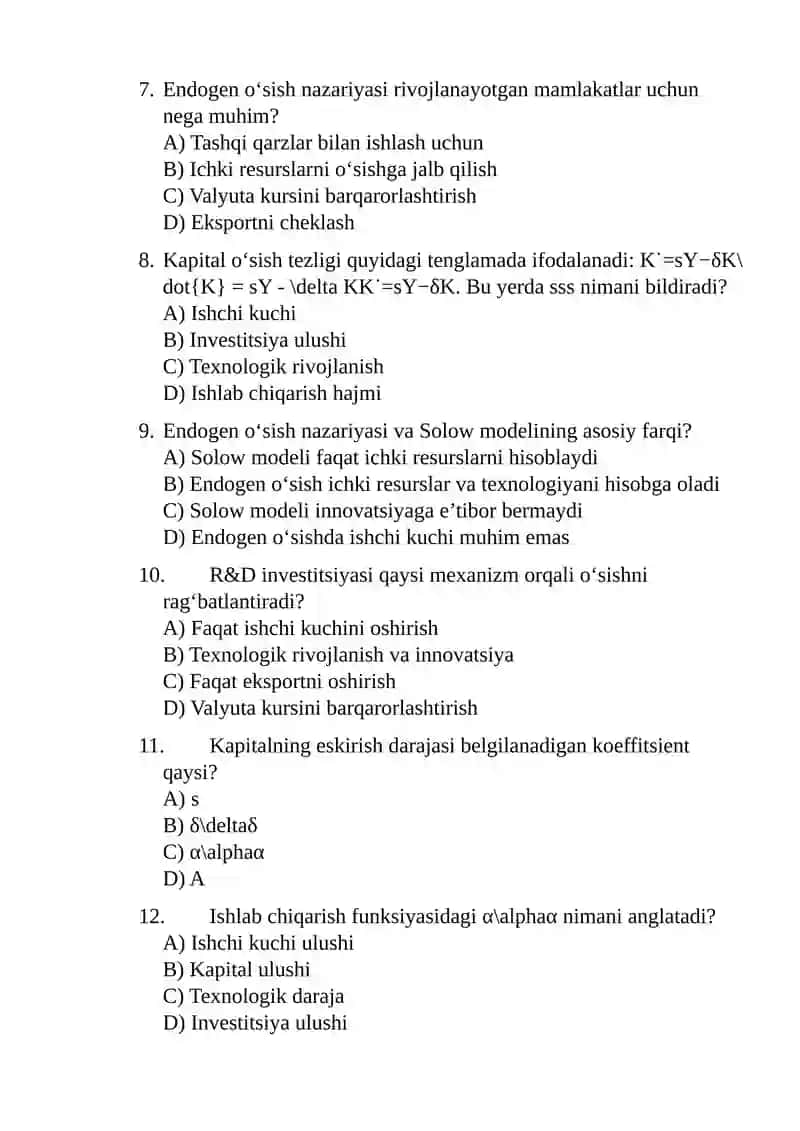 Endogen o'sish nazariyasi va uning kapital to'planishiga ta'siri testlar javoblari bilan 2