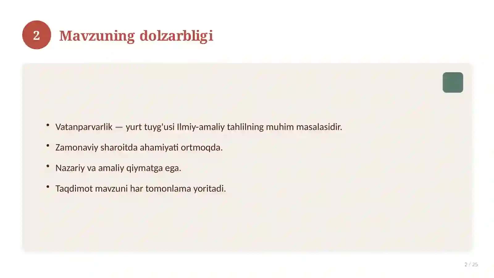 Vatanparvarlik — yurt tuyg'usi Ilmiy-amaliy tahlil 2