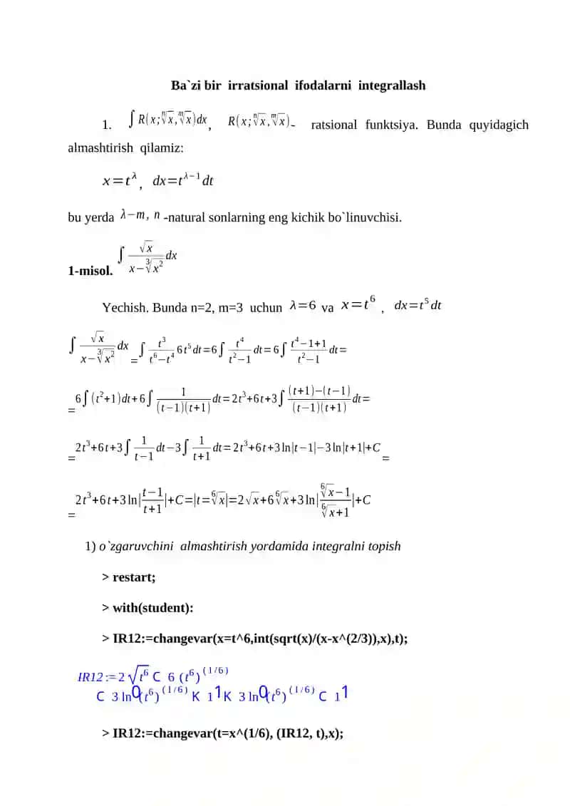 Ba'zi bir irratsional ifodalarni integrallash 2