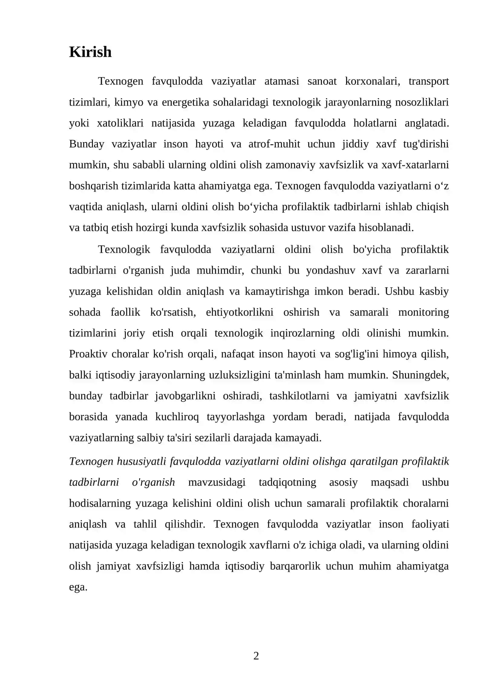 Texnologik favqulodda vaziyatlarni oldini olishga qaratilgan profilaktik tadbirlarni o'rganish 2
