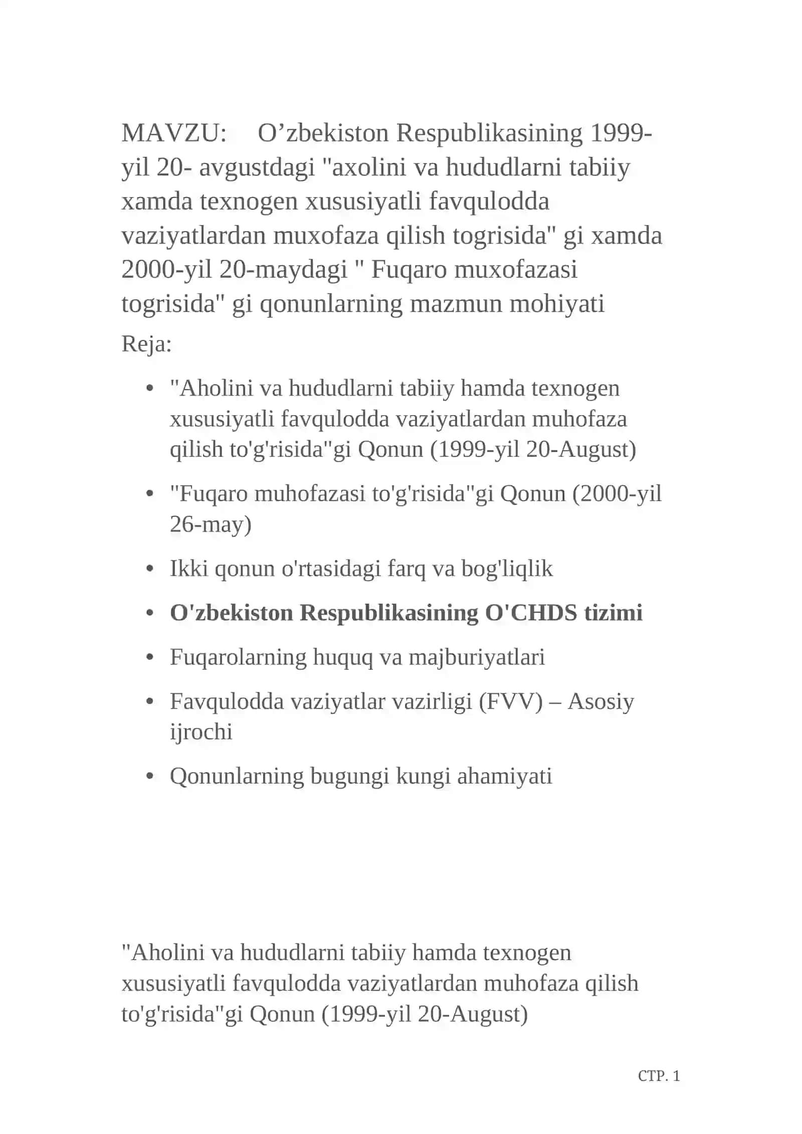 Aholini va hududlarni tabiiy hamda texnogen xususiyatli favqulodda vaziyatlardan muhofaza qilish to'g'risida 2