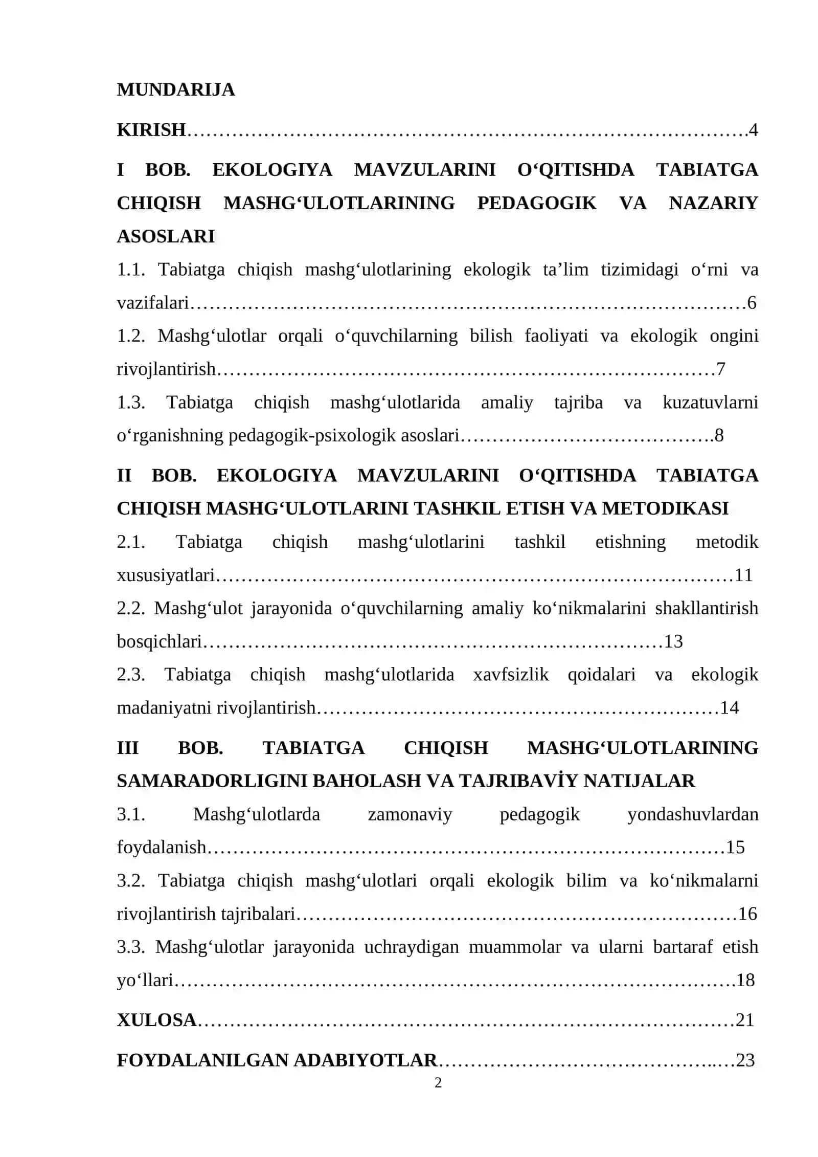 EKOLOGIYA MAVZULARINI O`QITISHDA TABIATGA CHIQISH MASHG`ULOTLARI 2