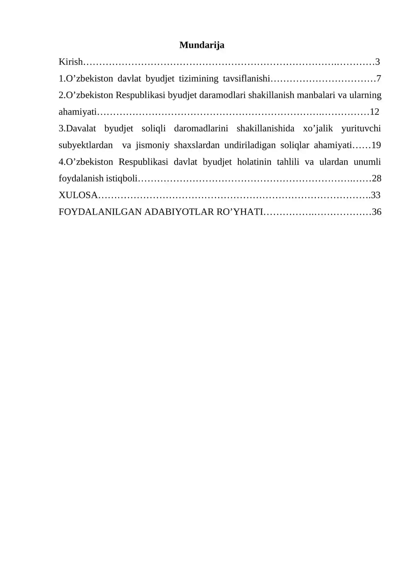 O'zbekiston Respublikasi davlad budjeti daromadlarining shakllanishida xoʻjalik yurituvchi subyektlardan va aholidan undiriladigan soliqlarning tutgan oʻrni mavzusida kurs ishi 2