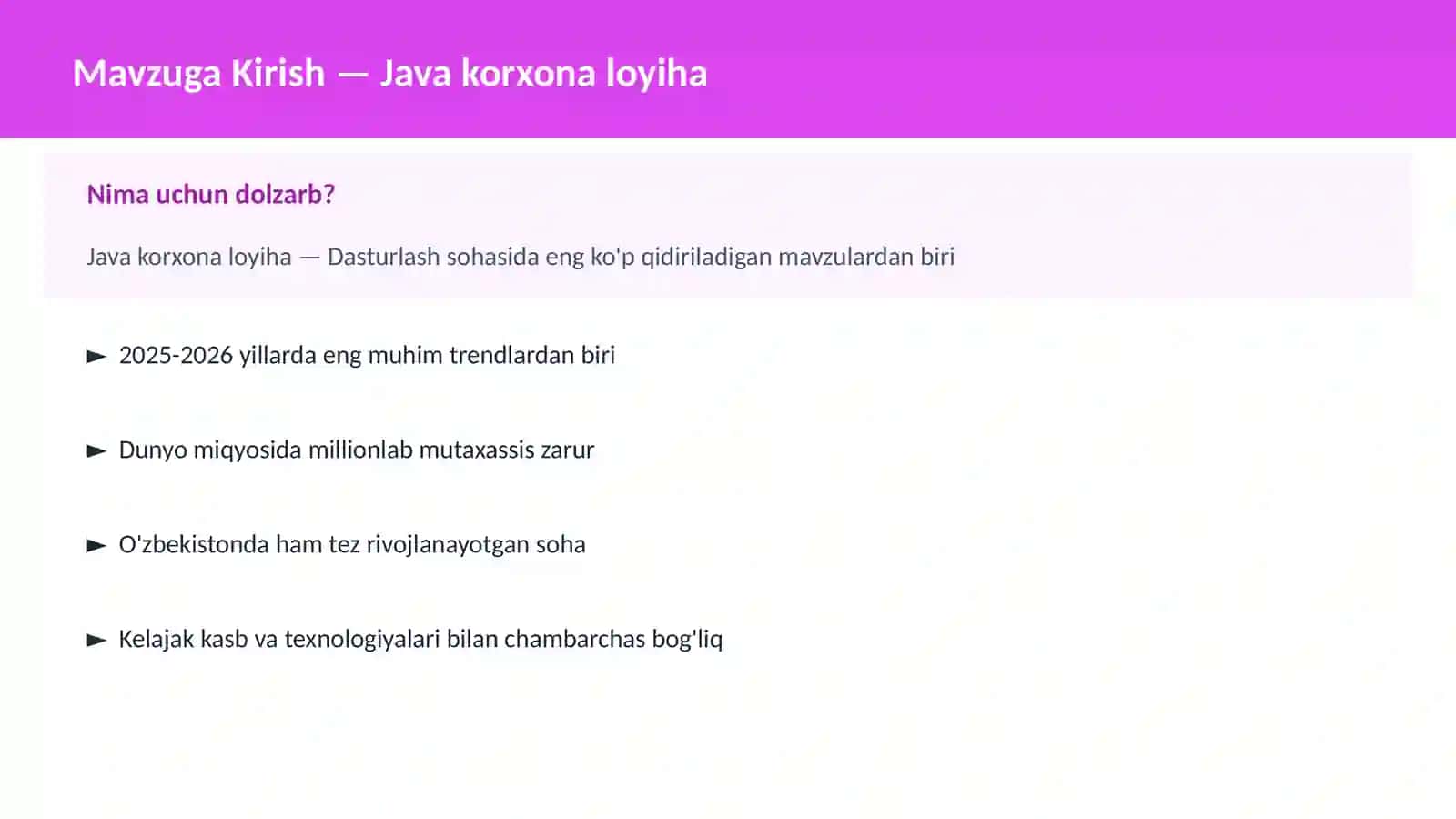 DASTURLASH | JAVA VA KORXONA 2