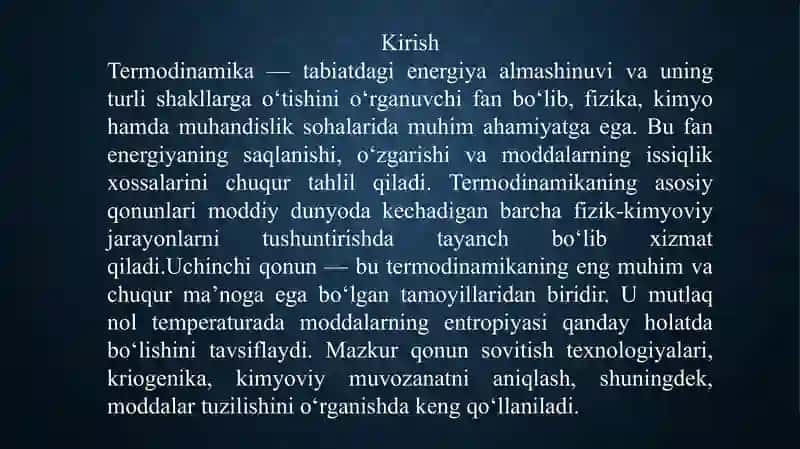 Termodinamikaning uchinchi qonuni va uning tadbiqi 2