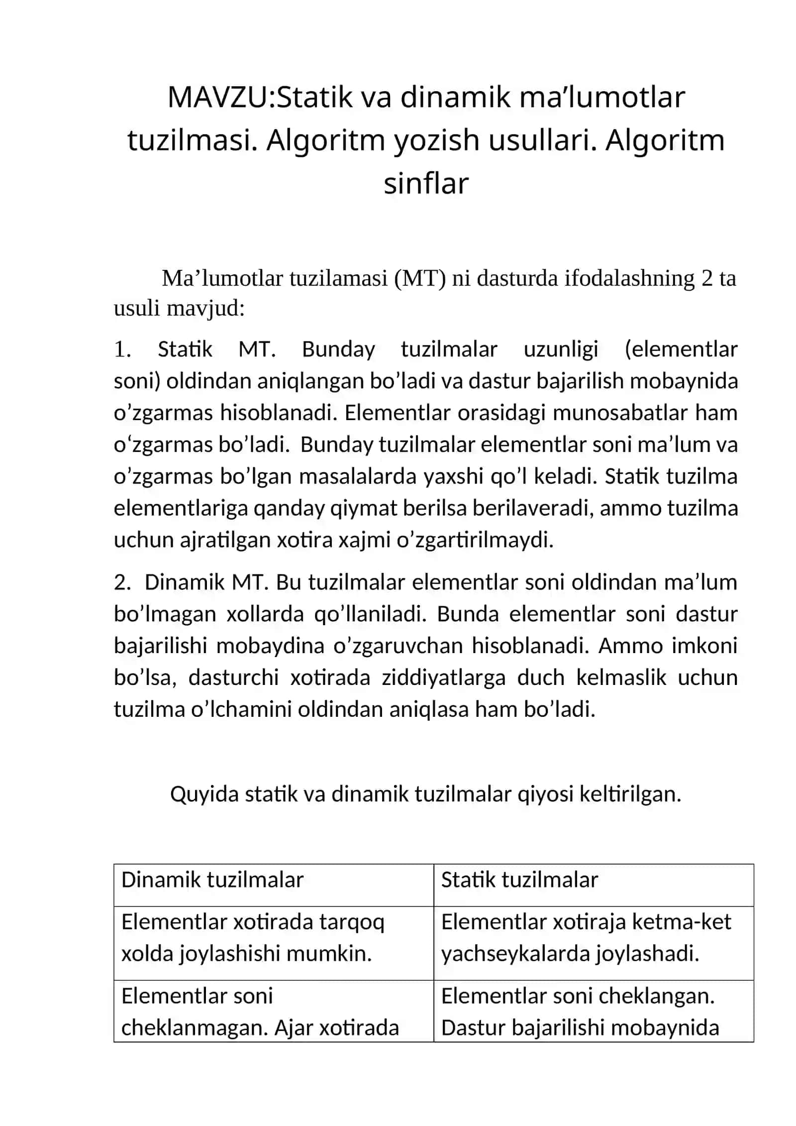 Statik va dinamik ma’lumotlar tuzilmasi. Algoritm yozish usullari. Algoritm sinflar 2