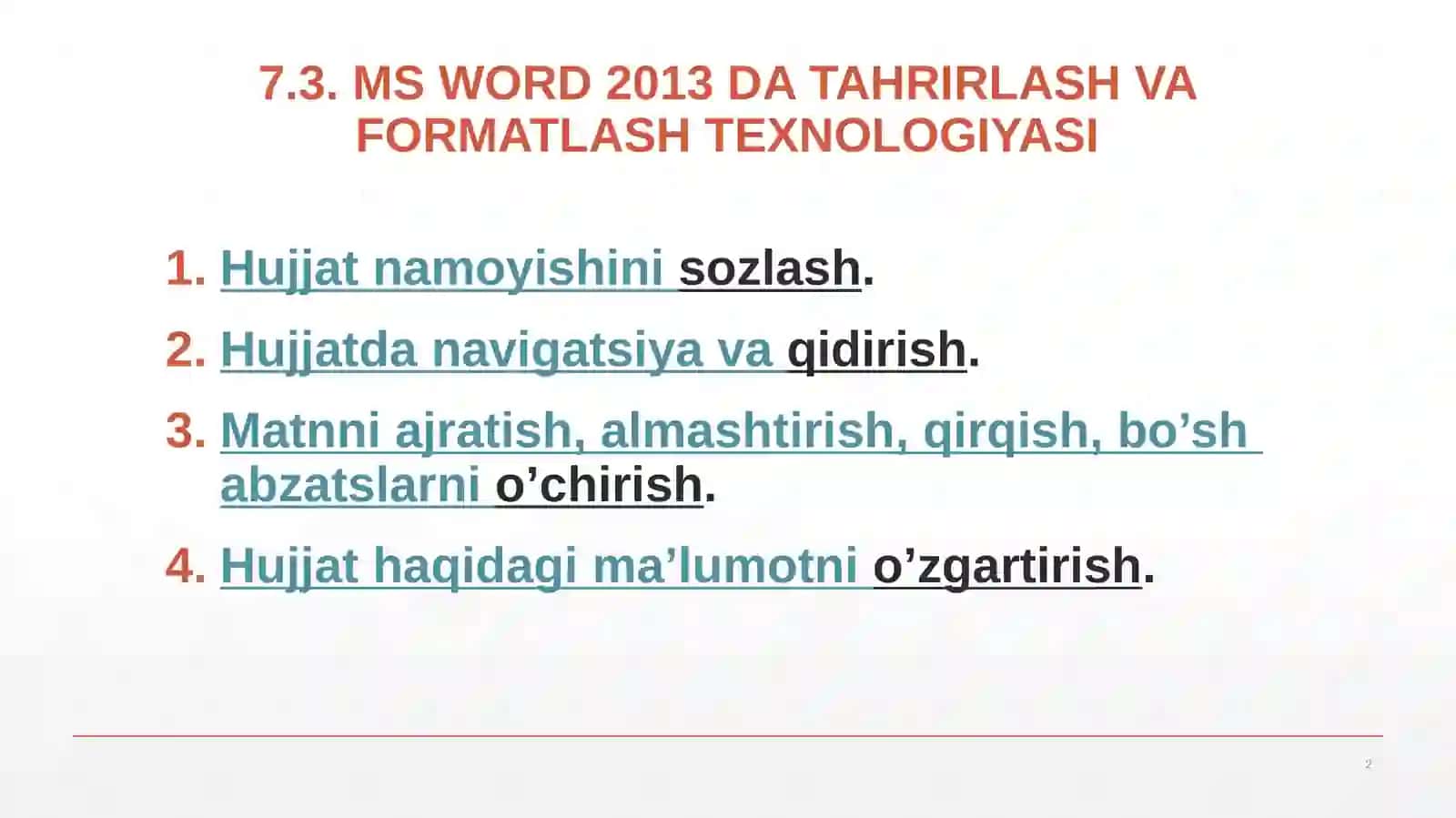 MS Word 2013 DA TAHRIRLASH VA FORMATLASH TEXNOLOGIYASI 2