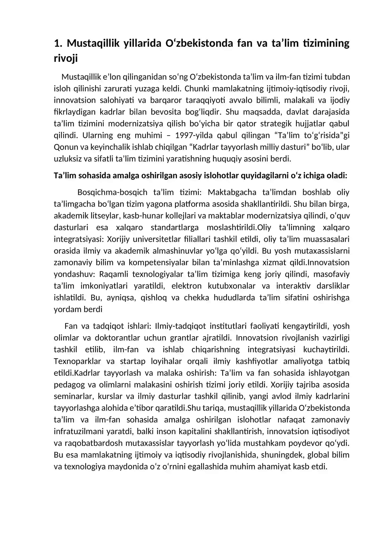 Mustaqillik yillarida O'zbekistonda fan, ta'lim, sport, san'at, adabiyot va sog'liqni saqlash tizimi rivoji 2