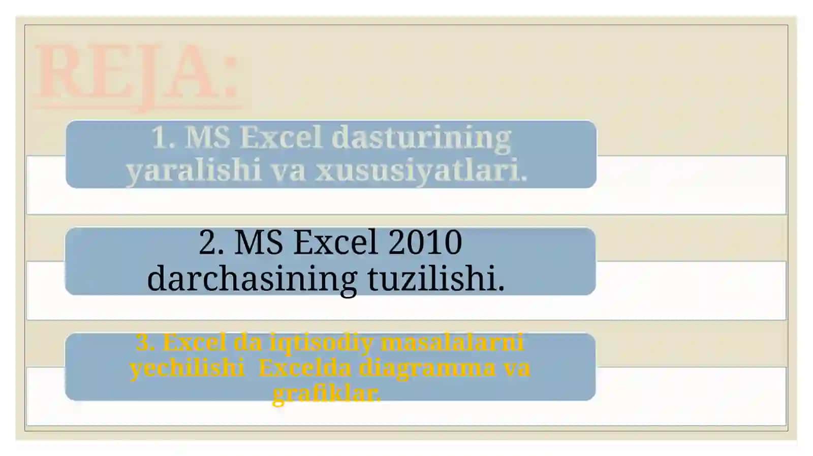 MS Excel dasturi
imkoniyatlari. 2