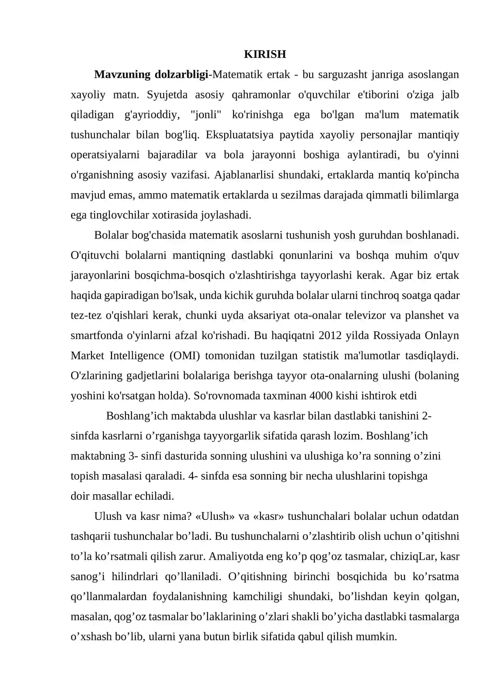 BOSHLANG'ICH SINF O'QUVCHILARIGA KASR SON XQIDA TUSHUNCHA BERISH METODIKASI 2