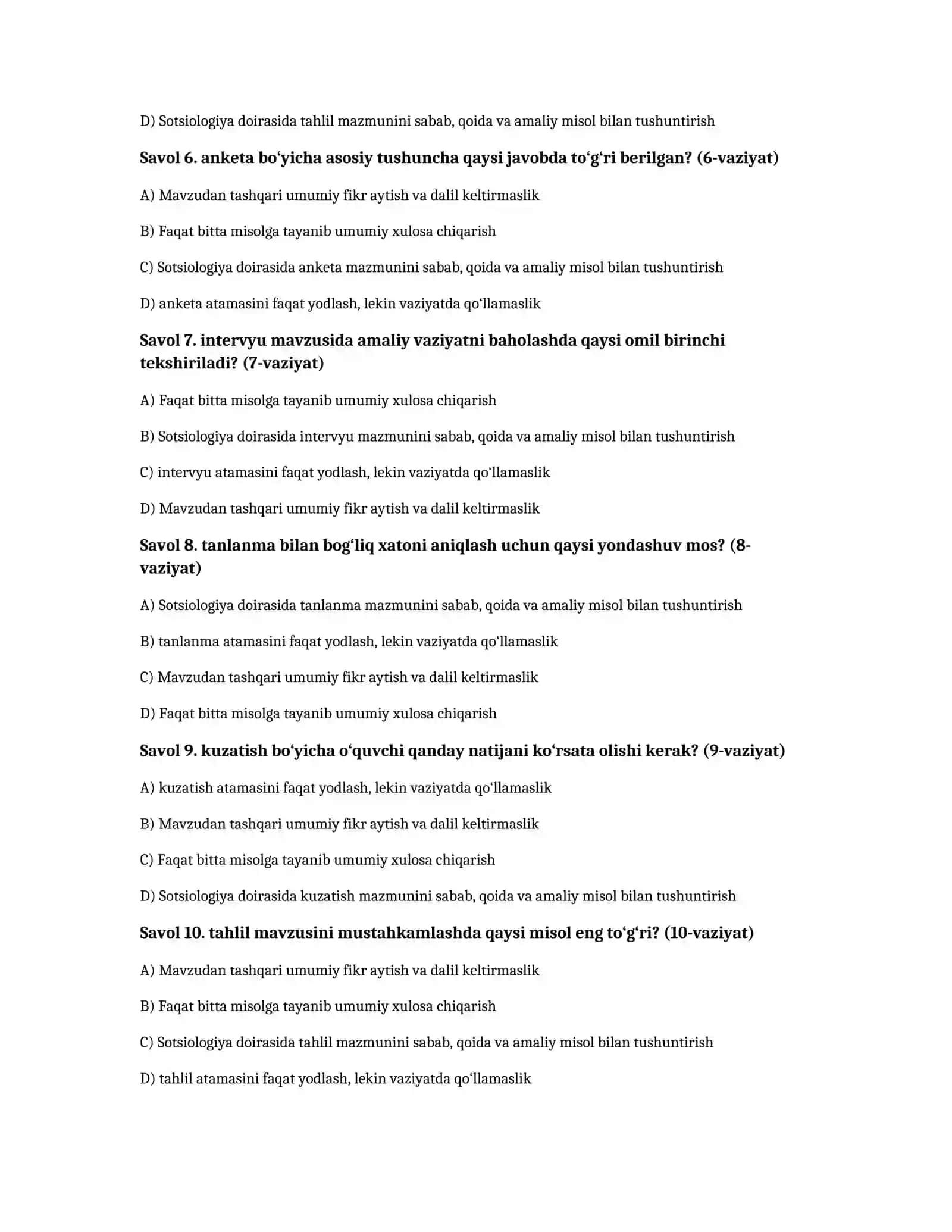 Sotsiologiya tadqiqot metodlari — 100 test 2