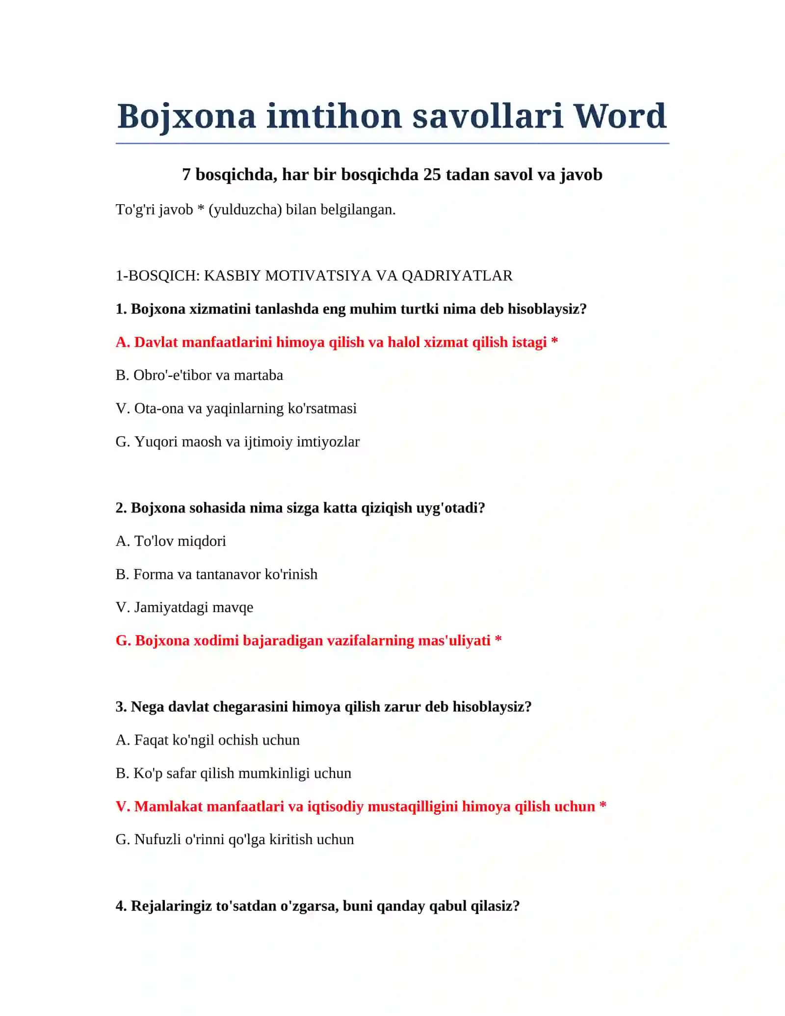 Bojxona imtihon savollari Word 2