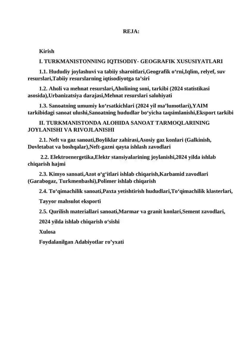 Turkmaniston Respublikasi alohida sanoat tarmoqlarining joylanishi va rivojlanishi 2