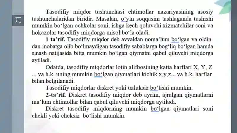 Tasodifiy miqdorlar. Diskret tasodifiy miqdorlarning taqsimot qonuni 2